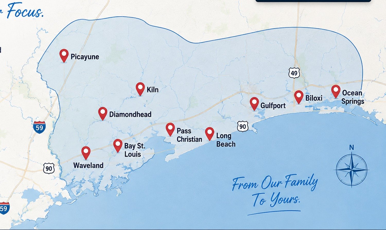 South Mississippi service area map with pinned cities including Picayune, Kiln, Diamondhead, Bay St. Louis, Waveland, Pass Christian, Long Beach, Gulfport, Biloxi, and Ocean Springs